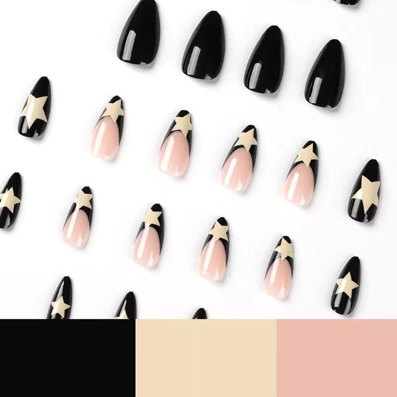 CTTHNBD Medium Almond Press on Nails Black Fake Nails White Star False Nails with French Tip Design for Women Manicure 24Pcs - Image 4